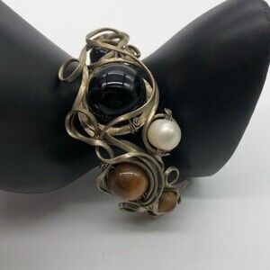 Intertwine Wired w/ Real Pearl, Cats eye & Onyx stone Cuff Bracelet